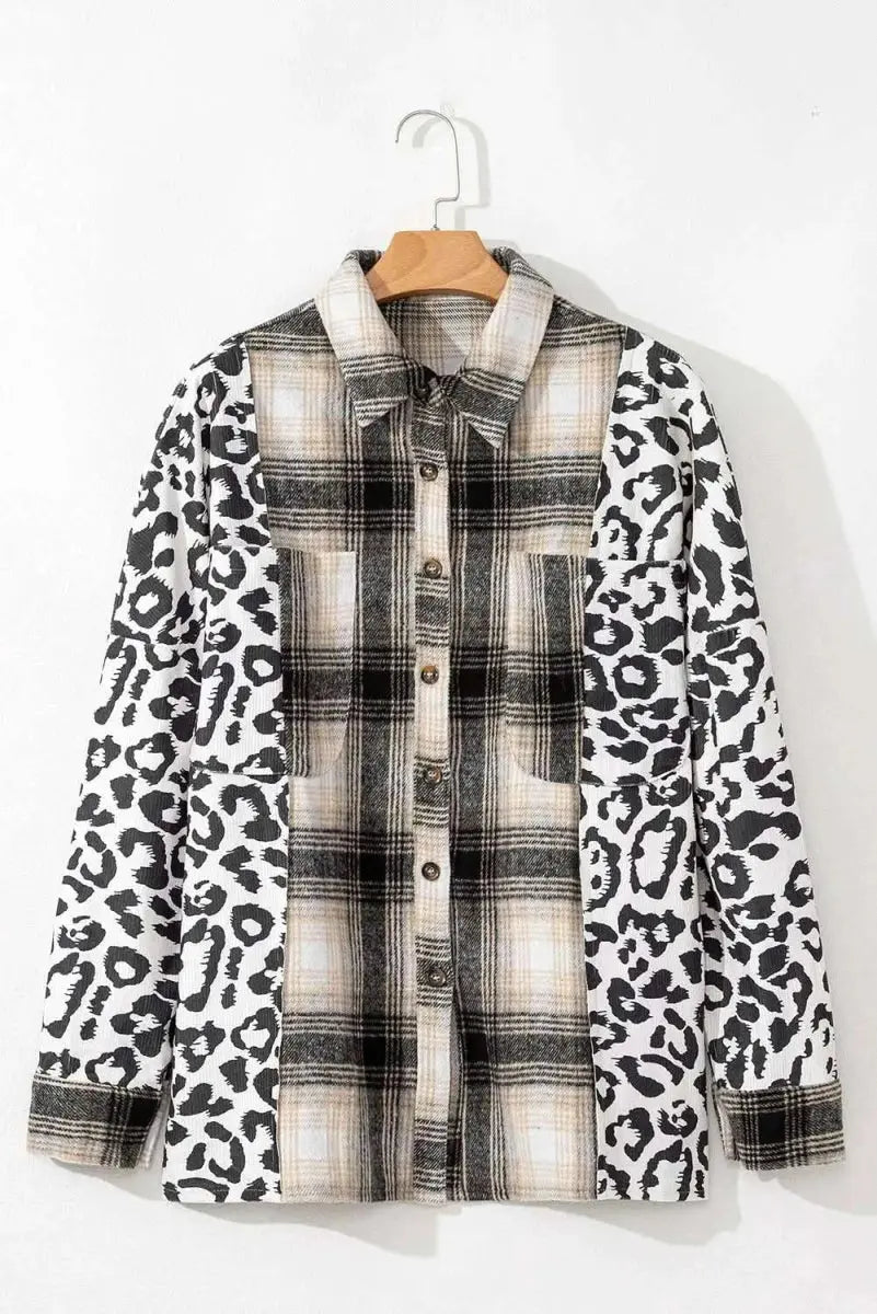 Plus Size Leopard Plaid Button Up Long Sleeve Shacket - Love Salve